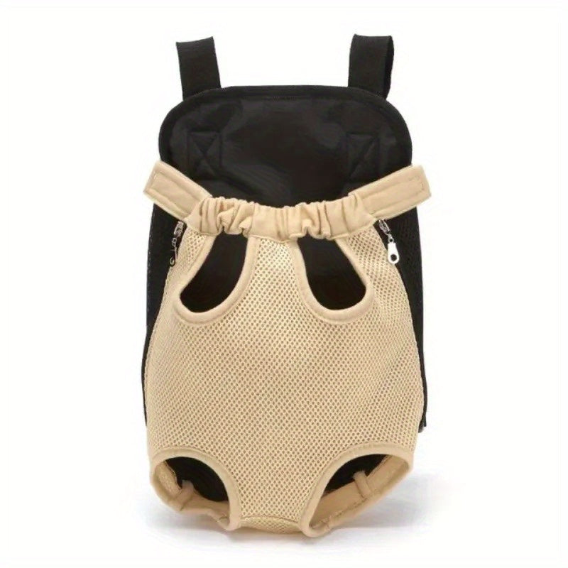 Sac à dos de transport pour chien, en position assise avec les pattes hors du sac. Conçu en maille, le sac est aéré et confortable, disponible en diverses couleurs