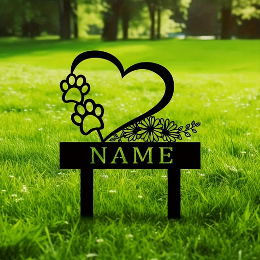 Piquet de jardin commémoratif en métal personnalisé pour animaux de compagnie, motifs représentants 2 empreintes de pattes, un cœur et un motif floral, plaque pour graver le NOM de votre compagnon disparu