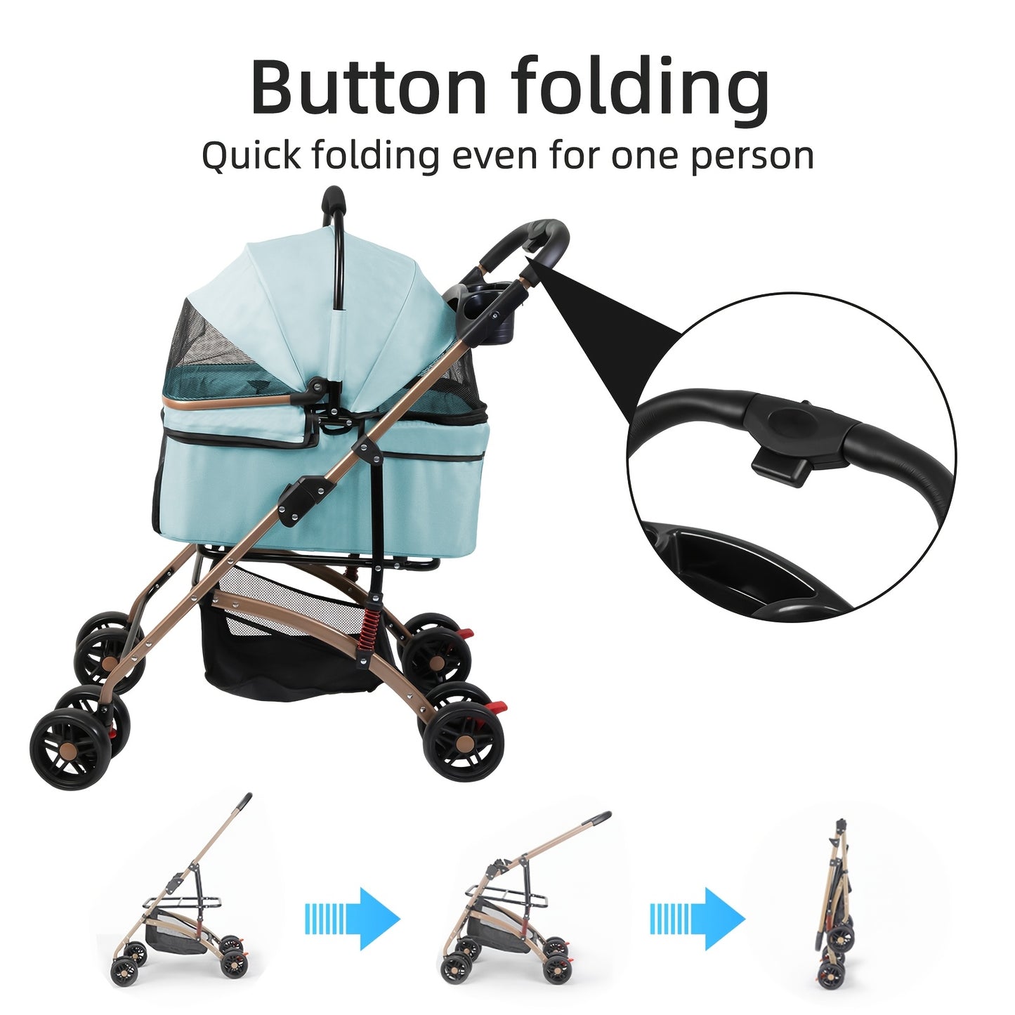 Poussette pour chien et chat, conception pliable, poussette 3 en 1 avec panier couvert, fenêtre en filet, porte-gobelet et roues en caoutchouc durables, idéale pour les longues promenades en extérieur