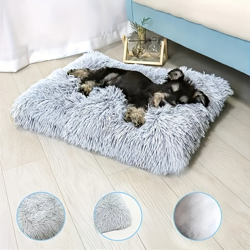 Grand lit douillet pour chats et chiens, épais et chaud avec housse amovible et lavable, surface en peluche gris-blanc, matière polyester douce