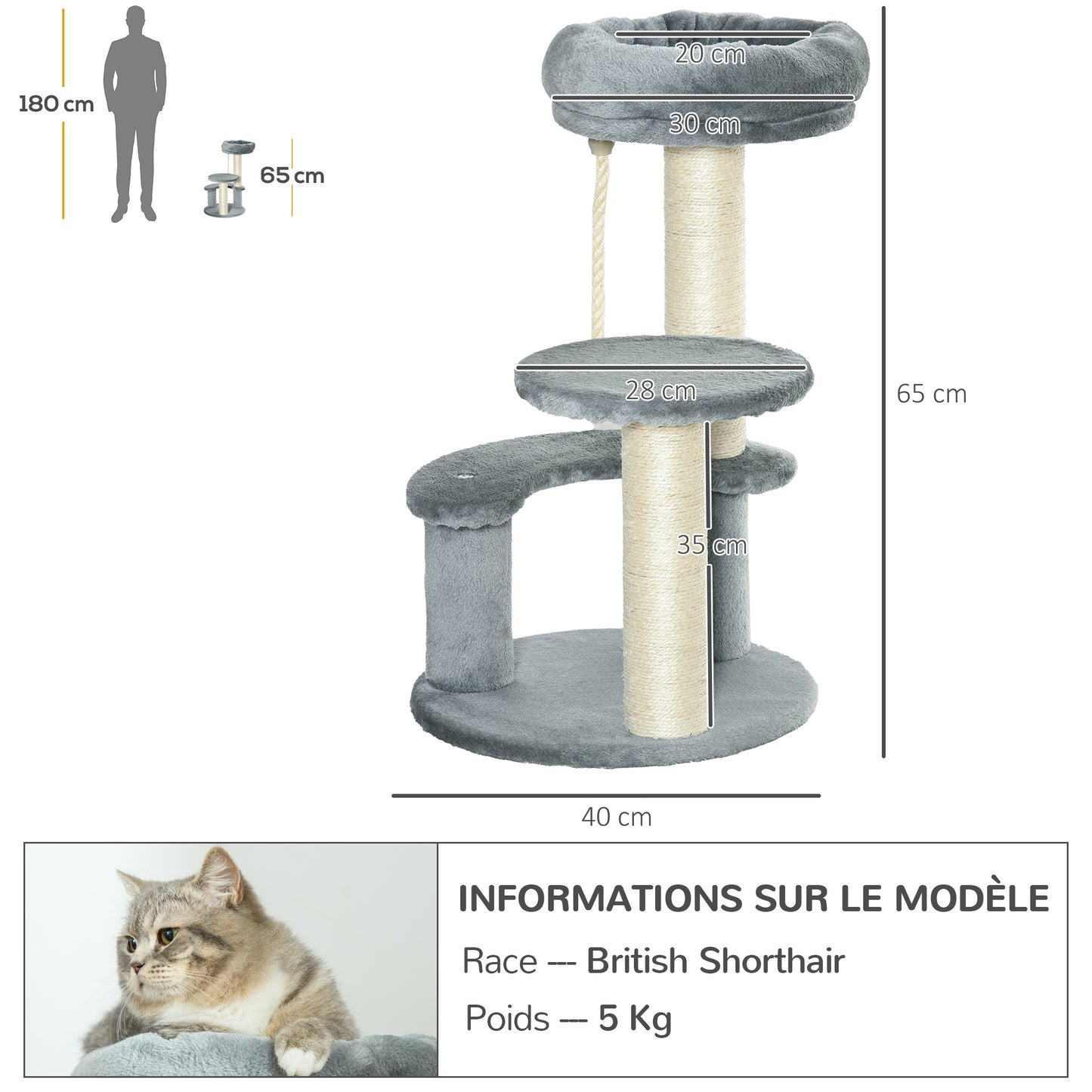 Arbre à chat avec 2 poteaux à griffer, 2 plateformes en poils courts, 1 lit, 1 corde à grimper, Gris