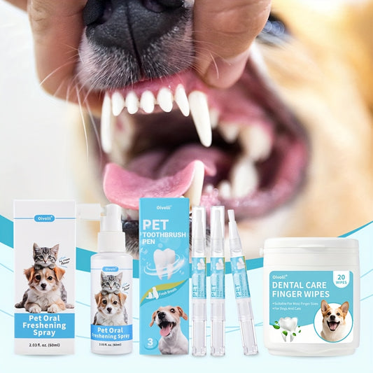 Ensemble de soins bucco-dentaires pour chiens et chats, 5 pièces comprenant un spray dentaire 2 en 1, un stylo de nettoyage dentaire, 20 lingettes dentaires, rafraîchit la bouche de votre animal
