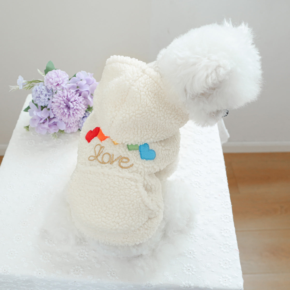 Sweat à capuche en polaire blanc avec des petits cœurs de toutes les couleurs pour chiens, confortable et chaud