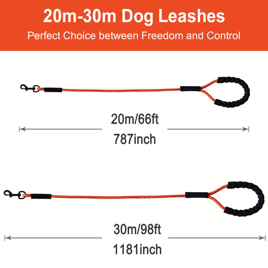 Laisse extra longue pour chien de 20m et 30m, bandes réfléchissantes et poignée rembourrée douce, disponible en orange et noir - Idéale pour l'entraînement, les jeux, le camping, les balades, etc