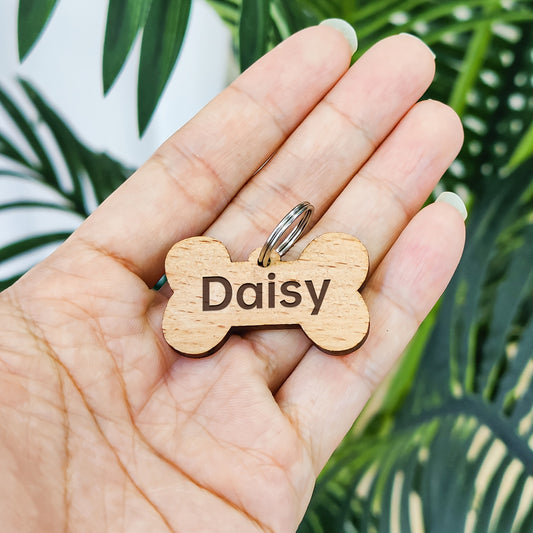 Médaille en bois pour chien, personnalisable, en forme d'os