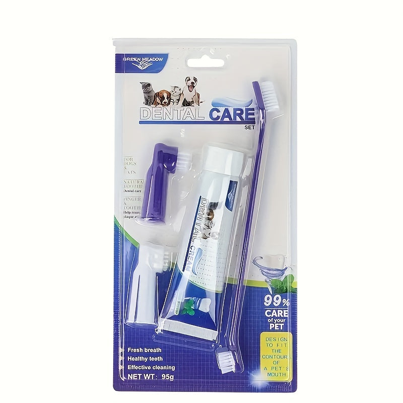 Kit pour soins bucco-dentaires comprenant : brosses à dents, dentifrice, embouts pour doigts et brosses de toilettage. Pour chats et chiens