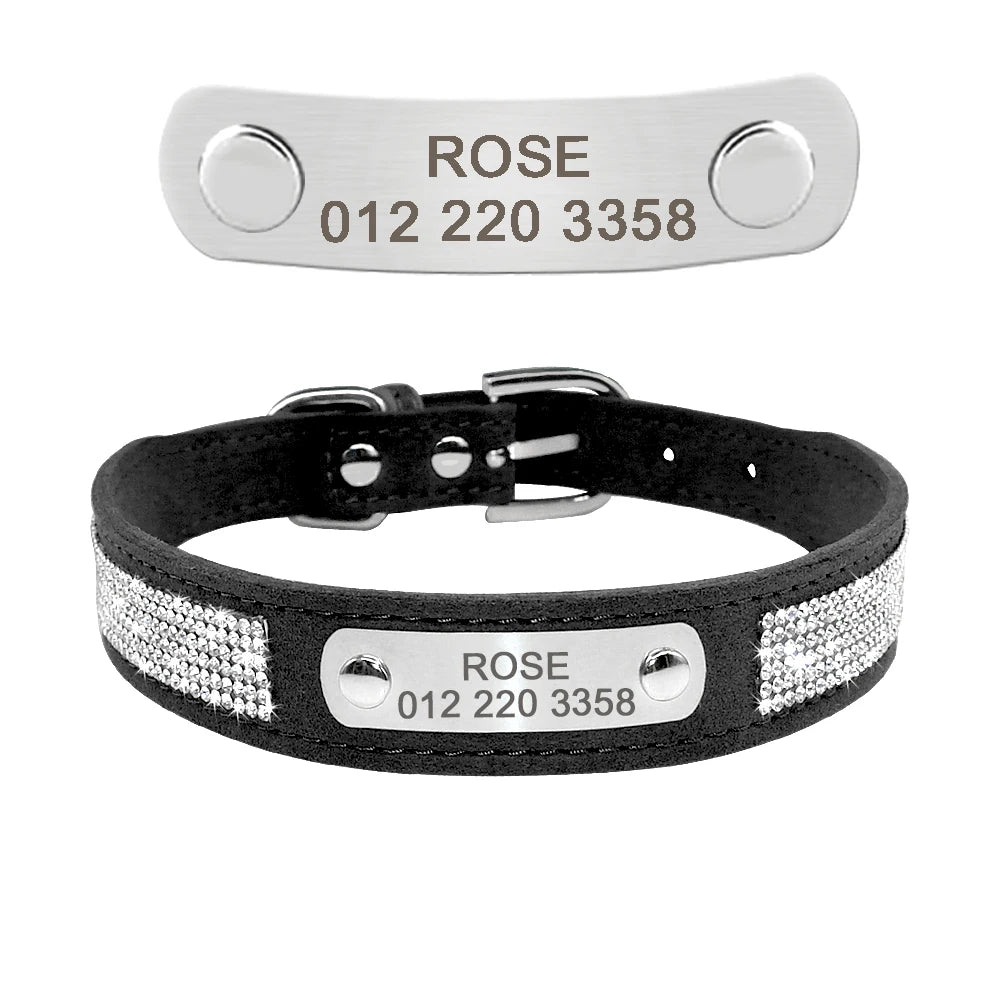 Collier de chien en cuir avec strass et plaque d'identification personnalisable gratuitement, pour petits et moyens chiens. Diverses couleurs