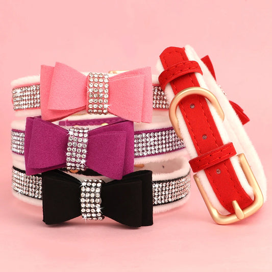 Collier pour chien avec nœud papillon et strass scintillants, pour petits chiens et chats, en velours doux. Diverses couleurs