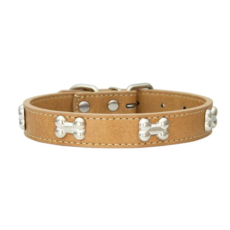 Collier en cuir avec rivets en forme d'os. Collier pour chien de petite, moyenne et grande taille, diverses couleurs
