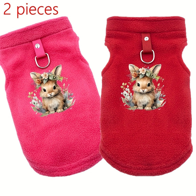 Ensemble de 2 gilets pour chiens avec adorable imprimé lapin pour Pâques, polaire doux et chaud, facile à enfiler