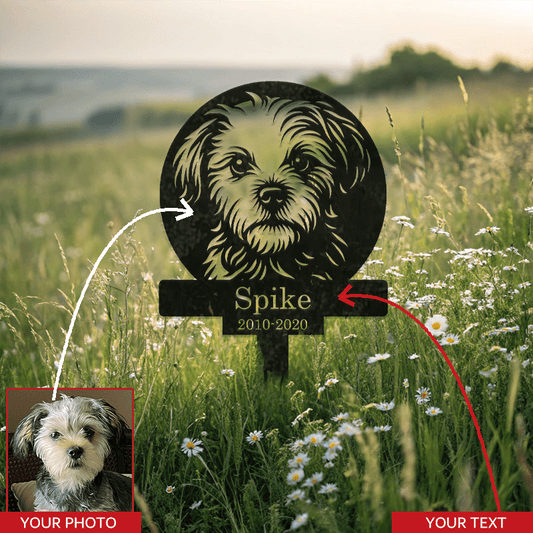 Piquet funéraire commémoratif personnalisé pour animaux de compagnie avec le portrait de votre compagnon, son nom et ses dates, en fer robuste