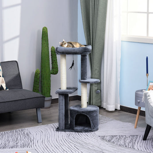 Arbre à chat avec poteaux à griffer, plateforme de nidification et peluche, 2 jouets suspendus et 1 cachette fermée, gris