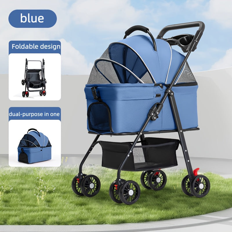 Poussette pour chien et chat 2 en 1, multifonctionnelle avec 4 doubles roues, tout terrain, panier amovible, pliable et compacte, en maille respirante, diverses couleurs
