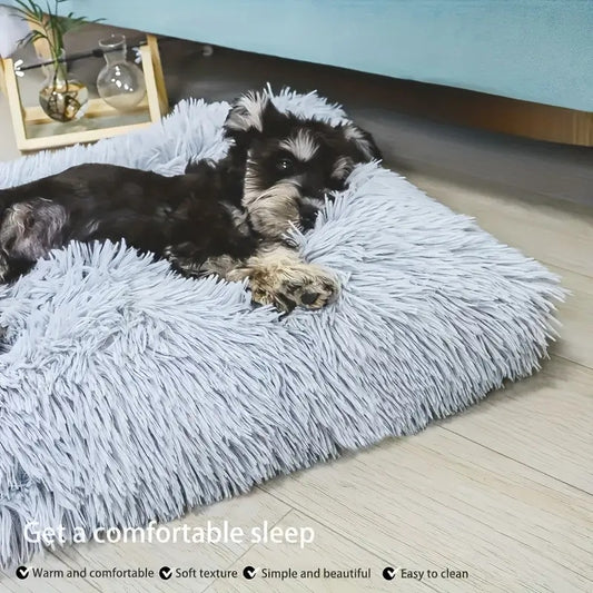 Grand lit douillet pour chats et chiens, épais et chaud avec housse amovible et lavable, surface en peluche gris-blanc, matière polyester douce