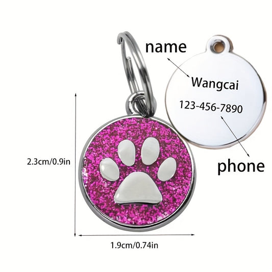 Médaille pour chien personnalisée, ronde avec un motif de patte, disponible dans plusieurs couleurs pailletées