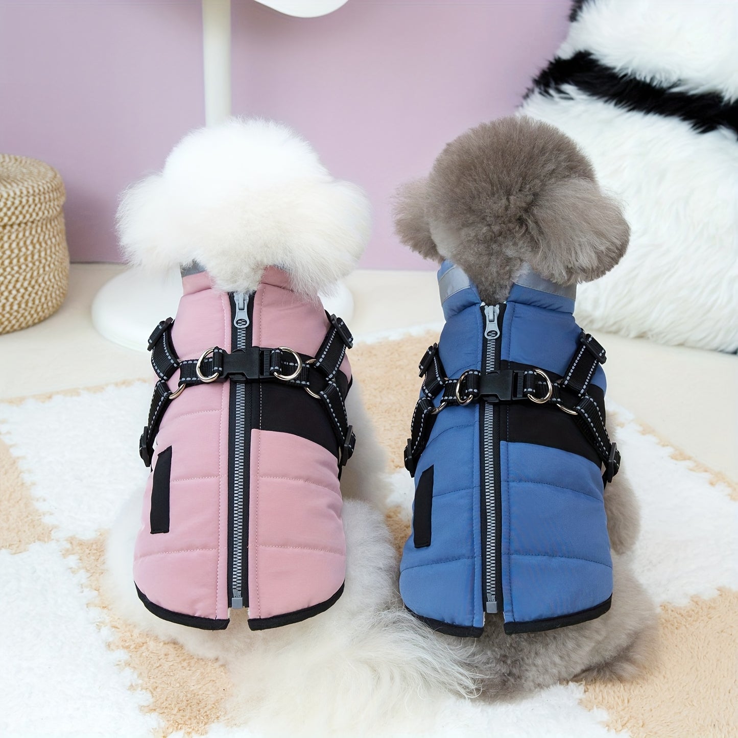 Veste épaisse avec col , disponible en beige,rose ou bleu, fermeture à boucle réglable pour les animaux de taille XS à M (utilisation à l'intérieur et à l'extérieur) - Manteau rembourré doux