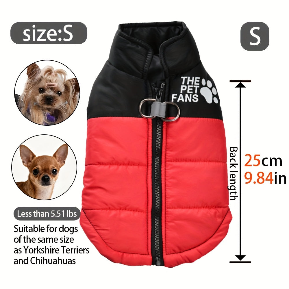 Manteau chaud pour chien avec 2 anneaux intégrés pour pouvoir partir en balade en toute sécurité, fermeture éclair pour un enfilage facile, diverses couleurs