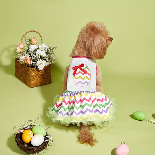 Robe à imprimé œuf de Pâques, petit nœud rouge et volant multi couleurs