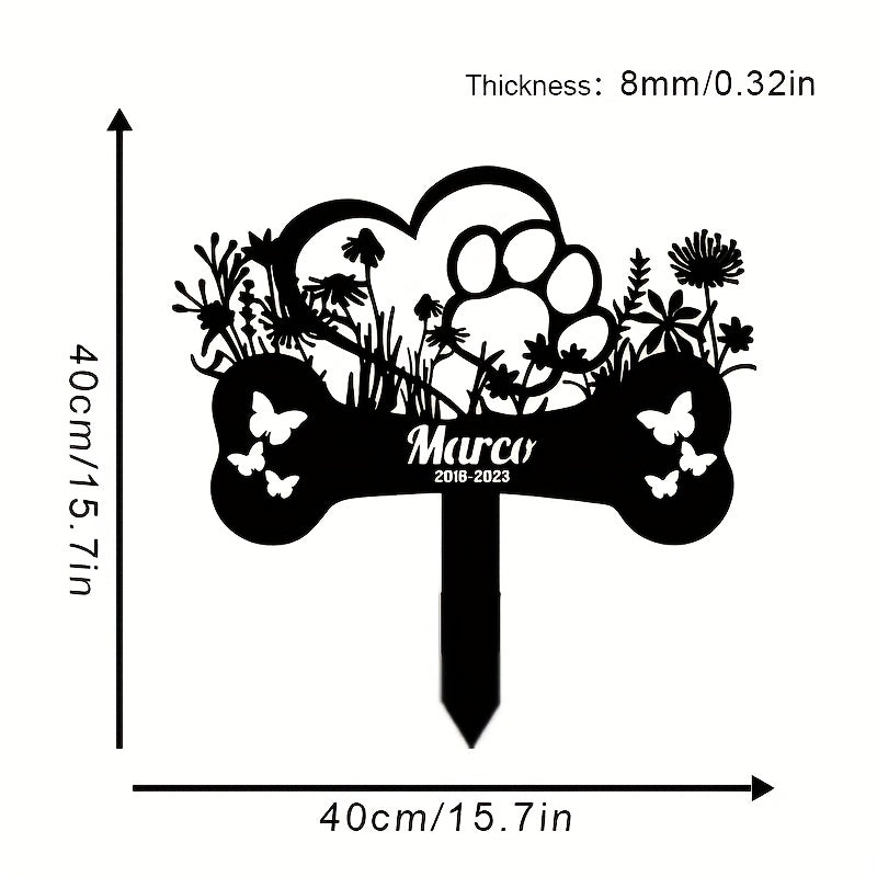 Piquet commémoratif personnalisé sur mesure en forme d'os pour chien avec papillons creux et fleurs, insert métallique à enfoncer dans le sol, nom et dates du chiens