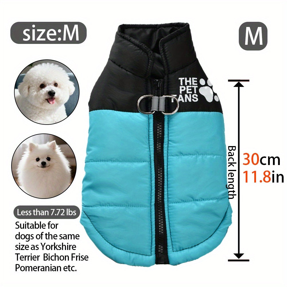 Manteau chaud pour chien avec 2 anneaux intégrés pour pouvoir partir en balade en toute sécurité, fermeture éclair pour un enfilage facile, diverses couleurs