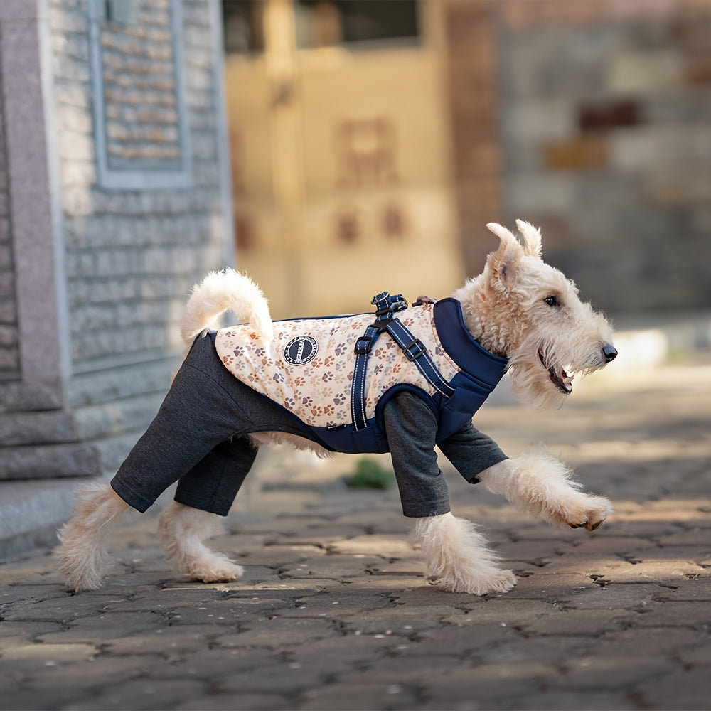 Manteau pour chien, doublé d'un polaire pour garder votre compagnon au chaud, harnais intégré ajustable, bandes réfléchissantes, motif de pattes, diverses couleurs