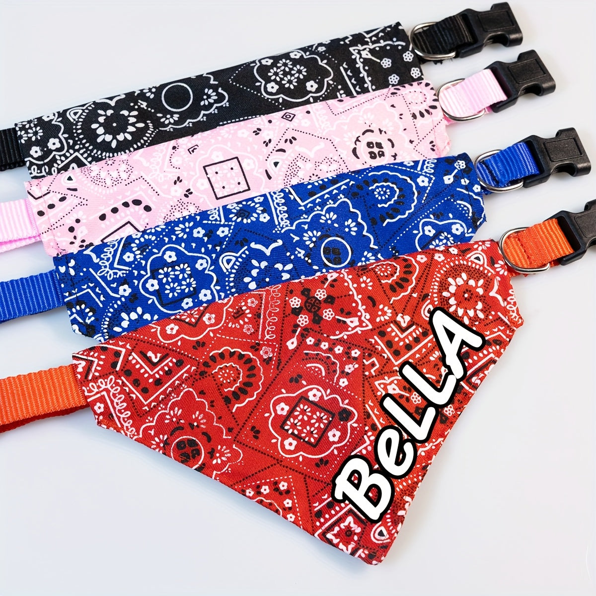Bandana personnalisable et collier ajustable pour chien - Nom personnalisé, fermeture à pression, plusieurs couleurs disponibles : rose, noir, rouge et bleu