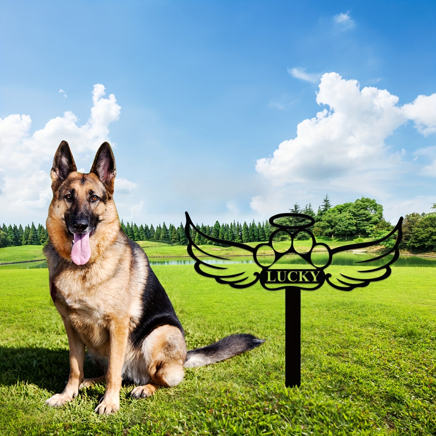 Piquet commémoratif personnalisé pour chien en fer avec empreinte de patte et ailes d'ange, pour utilisation extérieure