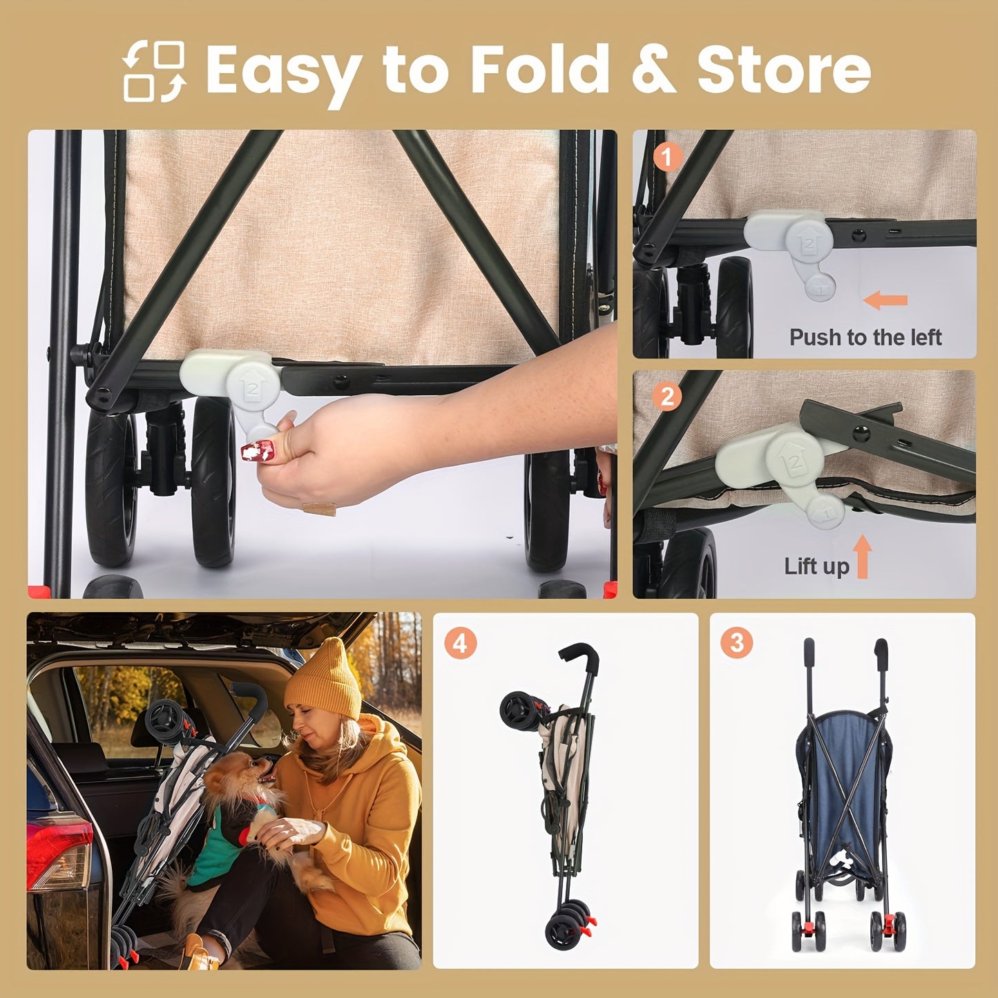 Poussette pour chien et chat 2 en 1, multifonctionnelle avec 4 doubles roues, tout terrain, panier amovible, pliable et compacte, en maille respirante, diverses couleurs