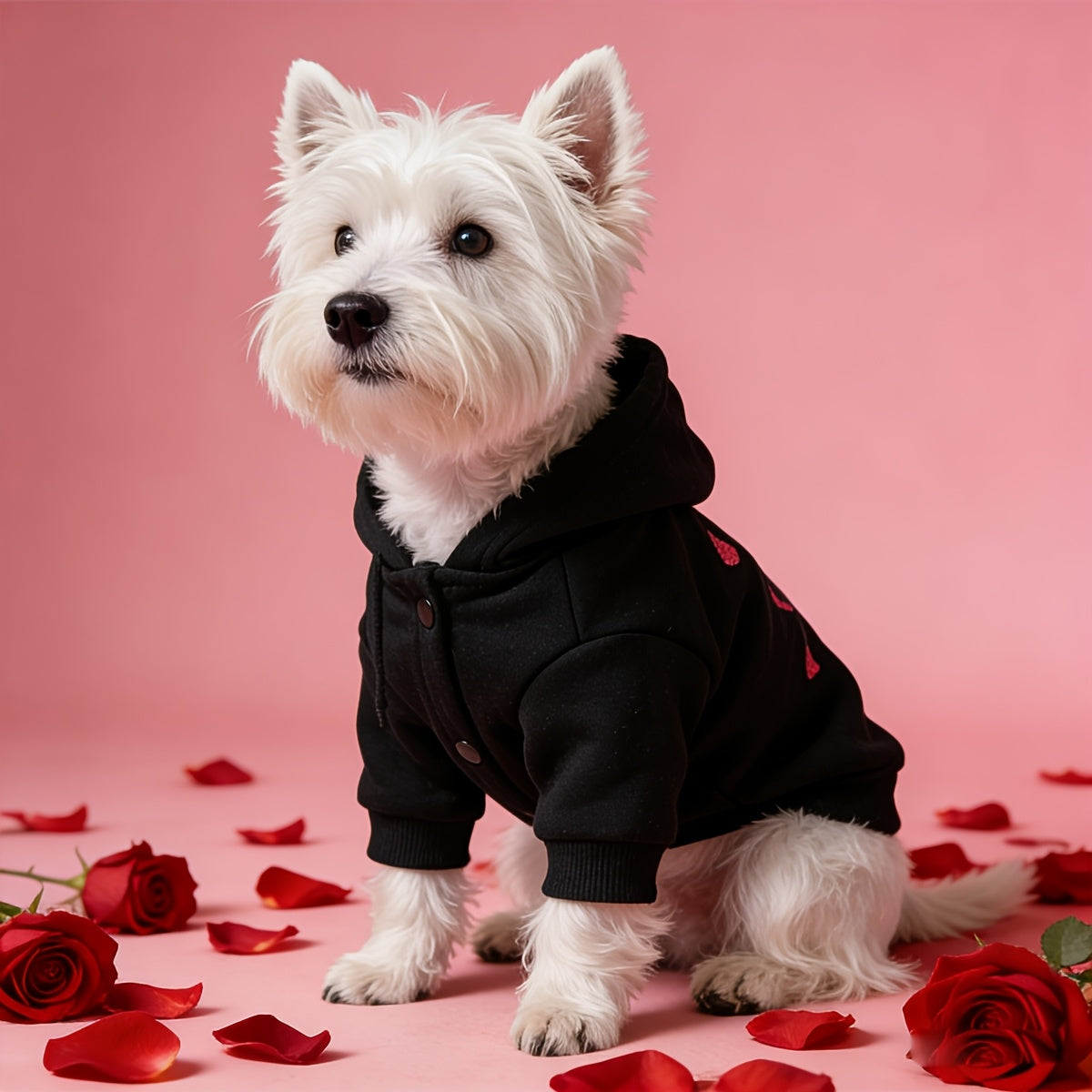 Sweat à capuche noir pour chien avec motif de petits cœurs rose et inscription LOVE, anneau intégré pour partir en balade, bien chaud