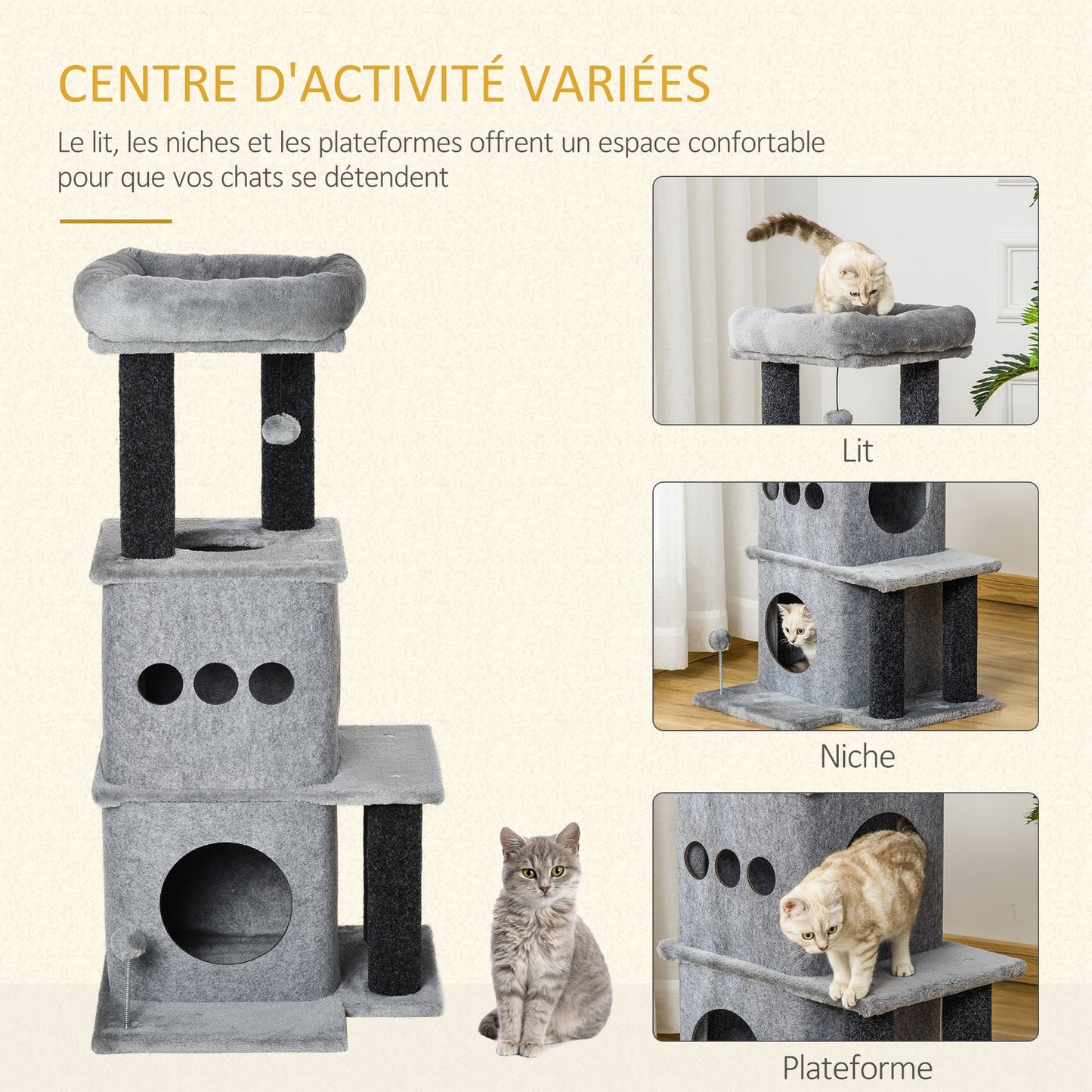 Arbre à chat avec nids, plateformes, lit, balles, feutre lavable et amovible, peluche courte, gris