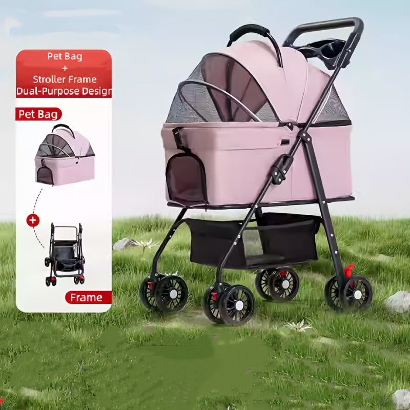 Poussette pour chien et chat 2 en 1, multifonctionnelle avec 4 doubles roues, tout terrain, panier amovible, pliable et compacte, en maille respirante, diverses couleurs