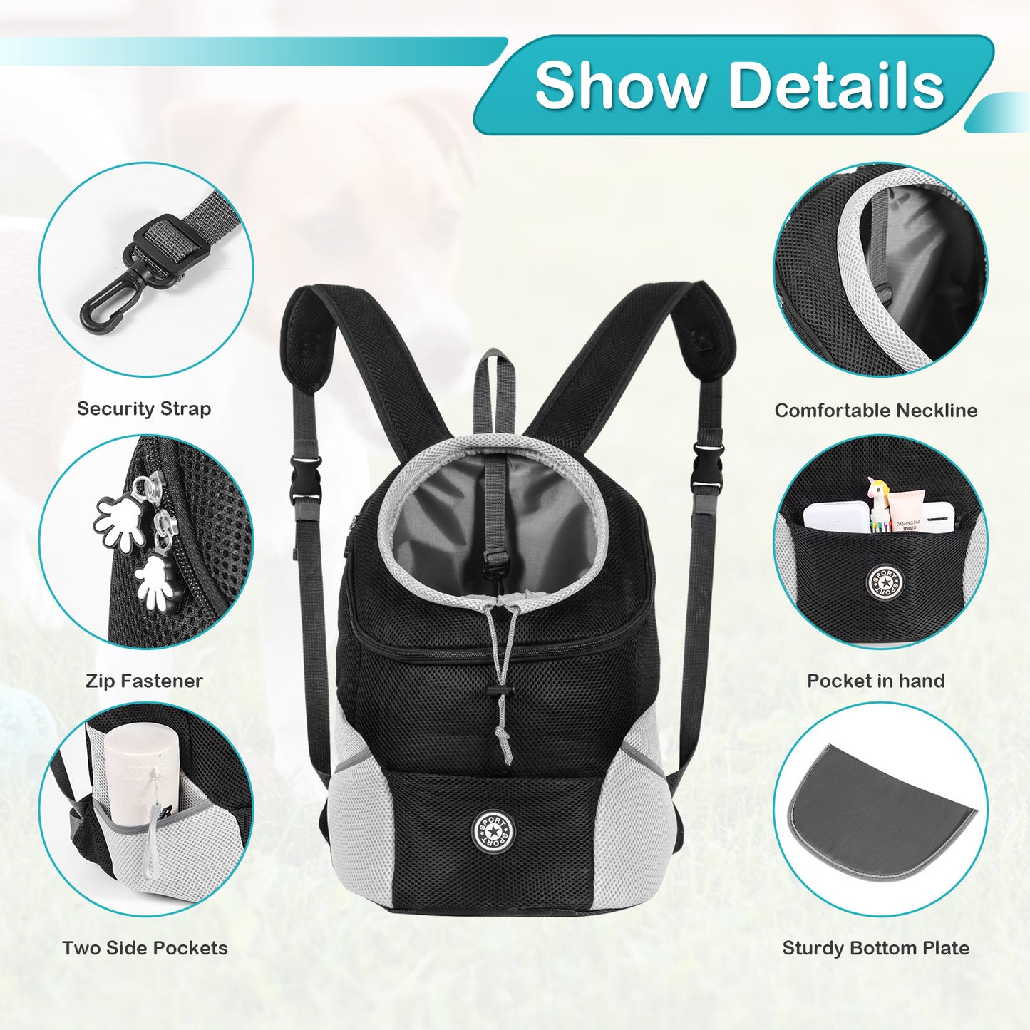 Sac à dos de transport pour chien, réglable à l'avant, aéré et confortable pour votre compagnon à 4 pattes, noir