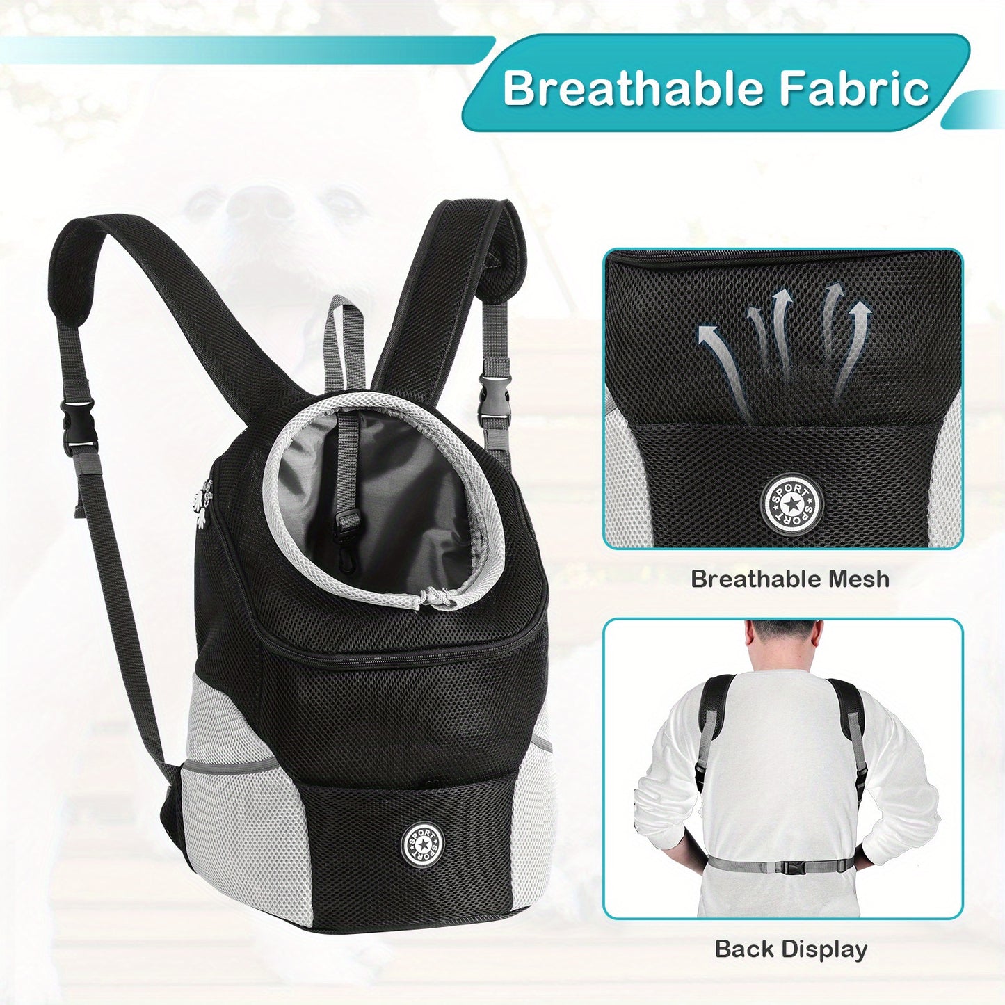 Sac à dos de transport pour chien, réglable à l'avant, aéré et confortable pour votre compagnon à 4 pattes, noir