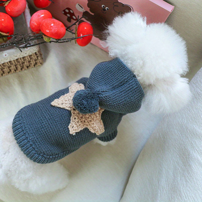 Pull à capuche tricoté pour chien, gris anthracite avec étoile beige dans le dos, pompon sur la capuche, bien chaud, facile à enfiler