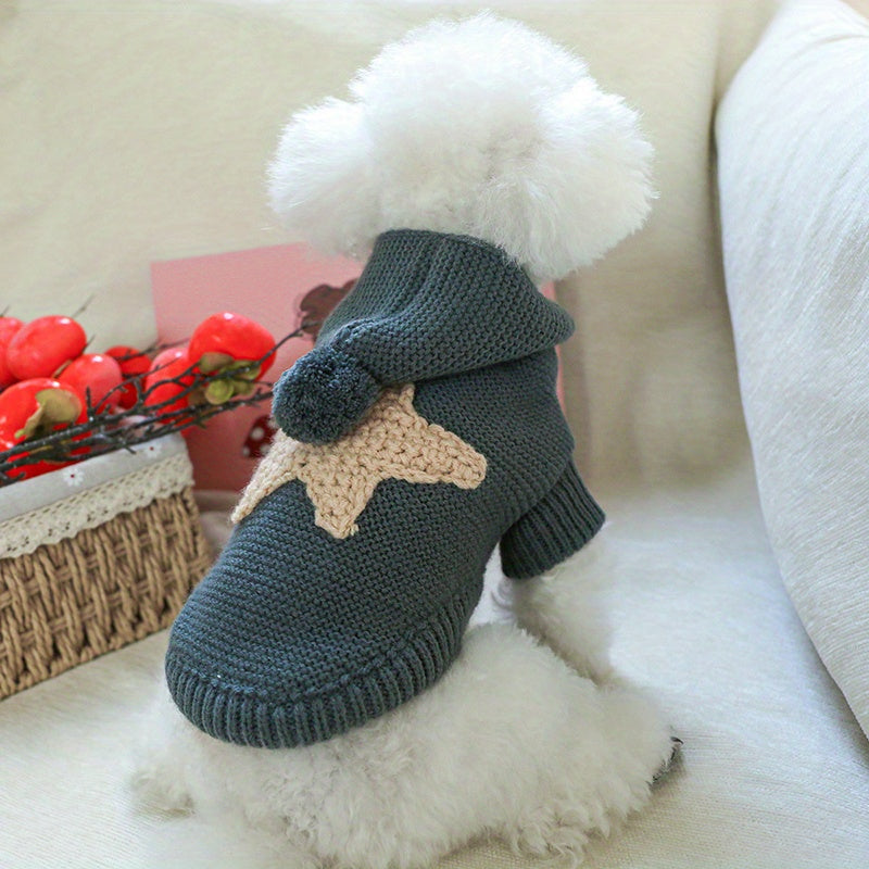 Pull à capuche tricoté pour chien, gris anthracite avec étoile beige dans le dos, pompon sur la capuche, bien chaud, facile à enfiler
