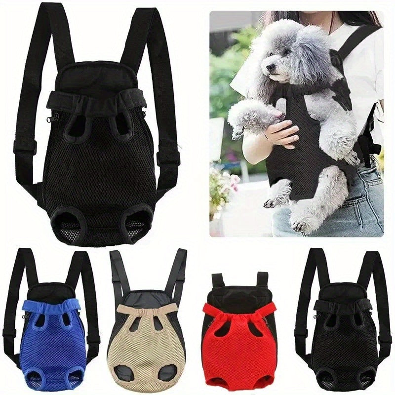 Sac à dos de transport pour chien, en position assise avec les pattes hors du sac. Conçu en maille, le sac est aéré et confortable, disponible en diverses couleurs