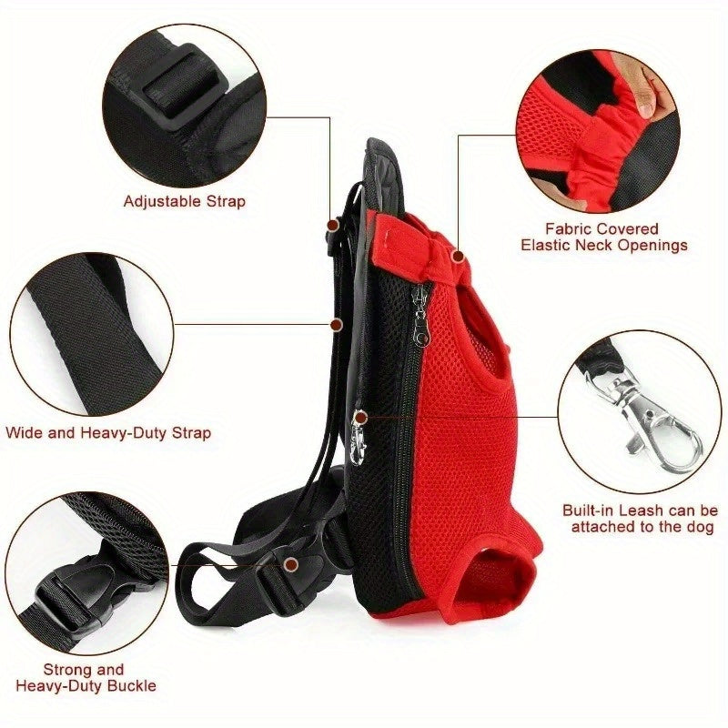 Sac à dos de transport pour chien, en position assise avec les pattes hors du sac. Conçu en maille, le sac est aéré et confortable, disponible en diverses couleurs