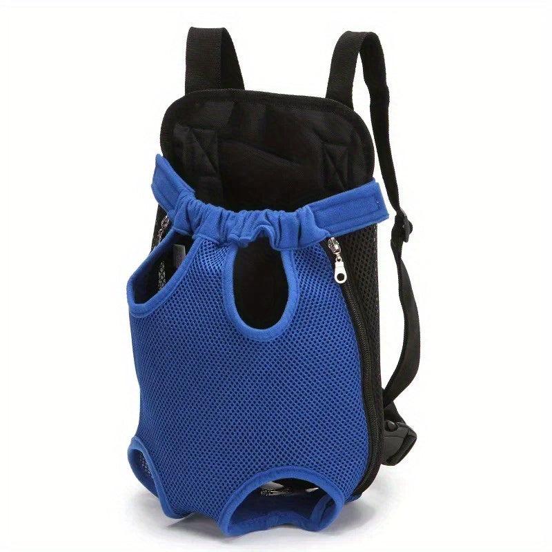 Sac à dos de transport pour chien, en position assise avec les pattes hors du sac. Conçu en maille, le sac est aéré et confortable, disponible en diverses couleurs