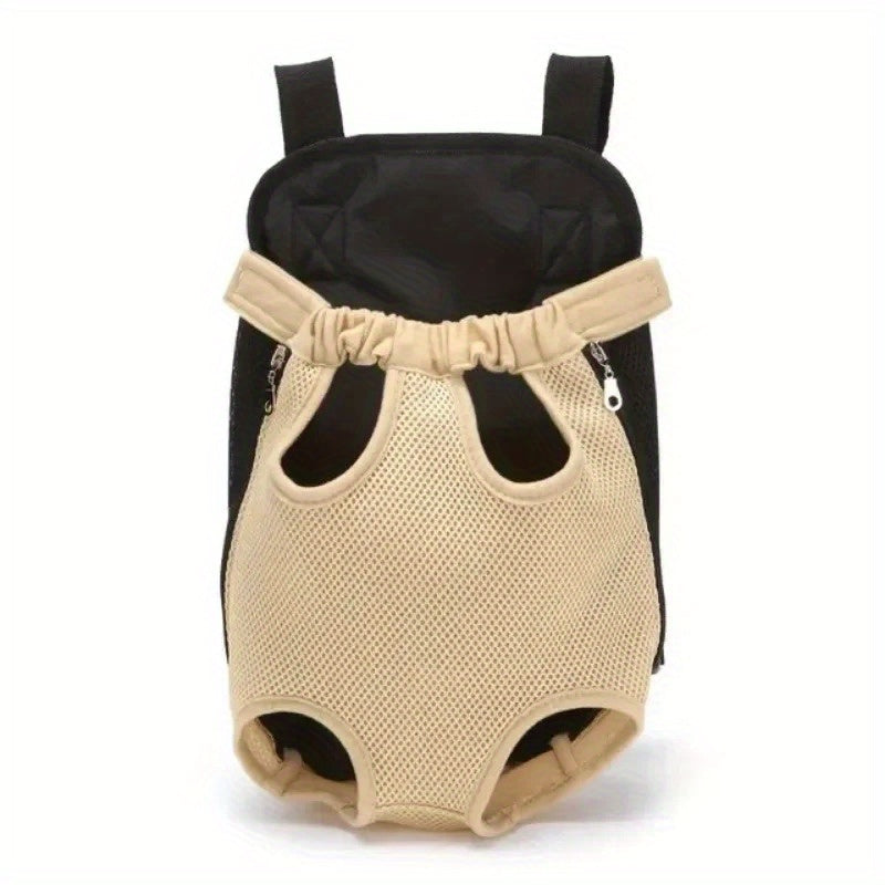 Sac à dos de transport pour chien, en position assise avec les pattes hors du sac. Conçu en maille, le sac est aéré et confortable, disponible en diverses couleurs