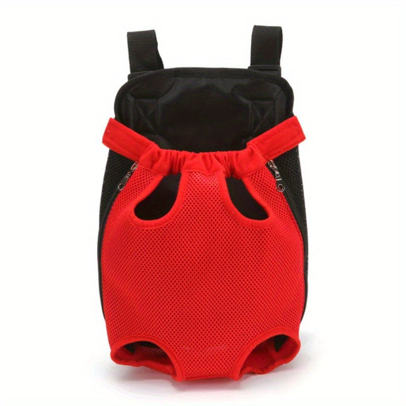 Sac à dos de transport pour chien, en position assise avec les pattes hors du sac. Conçu en maille, le sac est aéré et confortable, disponible en diverses couleurs