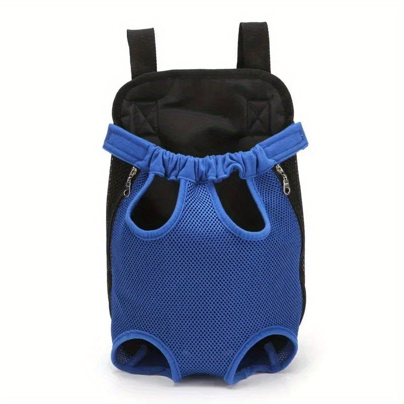 Sac à dos de transport pour chien, en position assise avec les pattes hors du sac. Conçu en maille, le sac est aéré et confortable, disponible en diverses couleurs