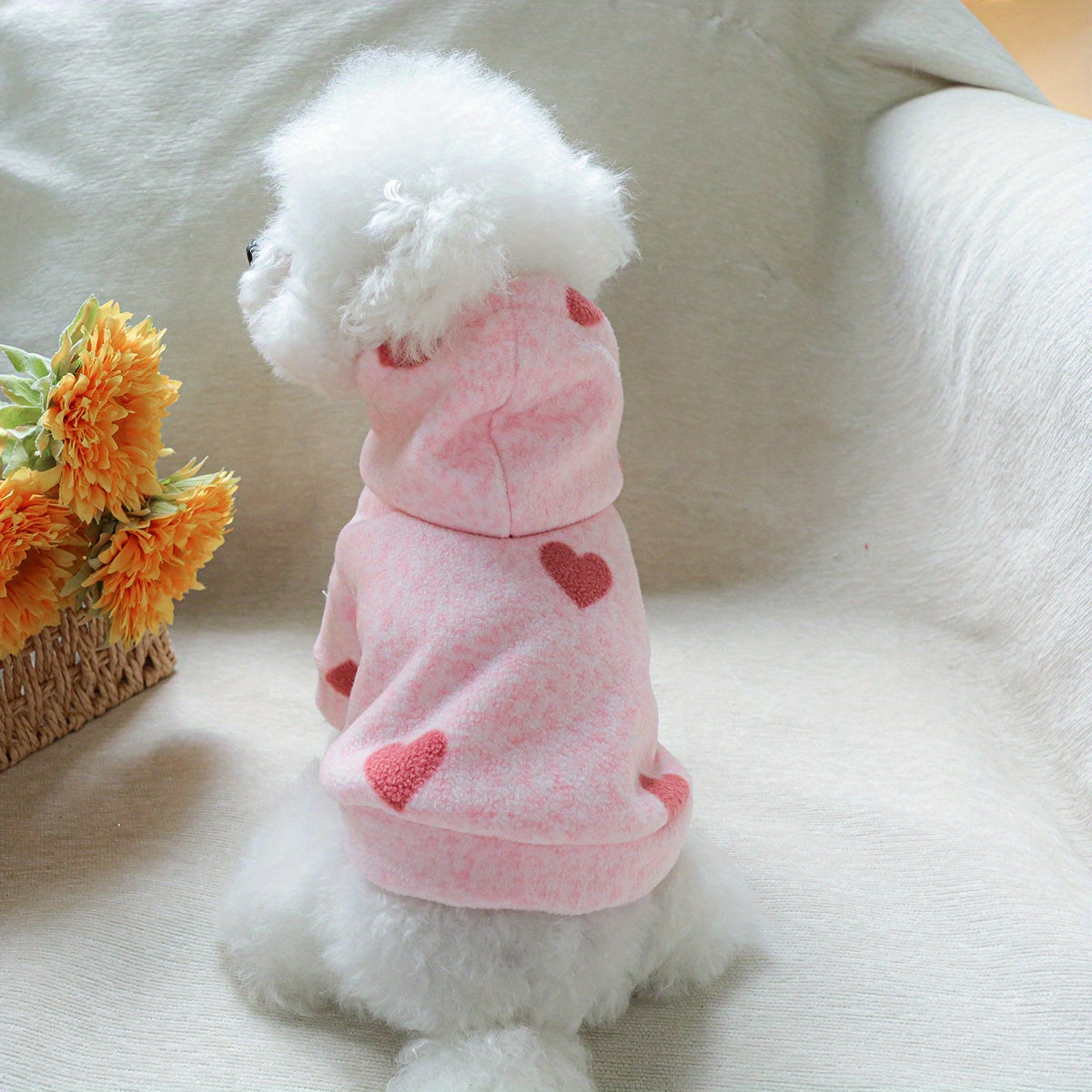 Sweat à capuche épais et confortable pour chiens, rose avec petits cœurs rouges