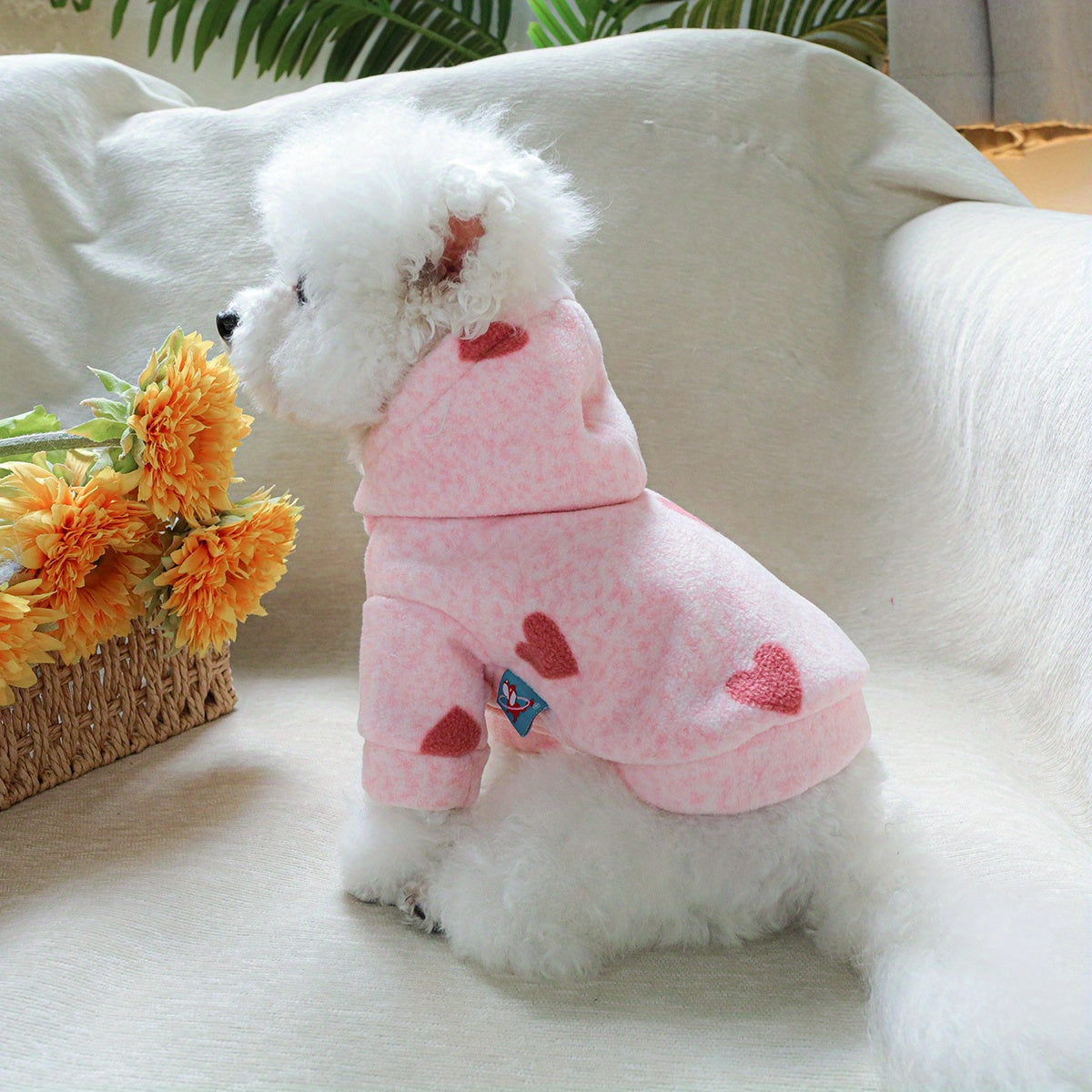 Sweat à capuche épais et confortable pour chiens, rose avec petits cœurs rouges