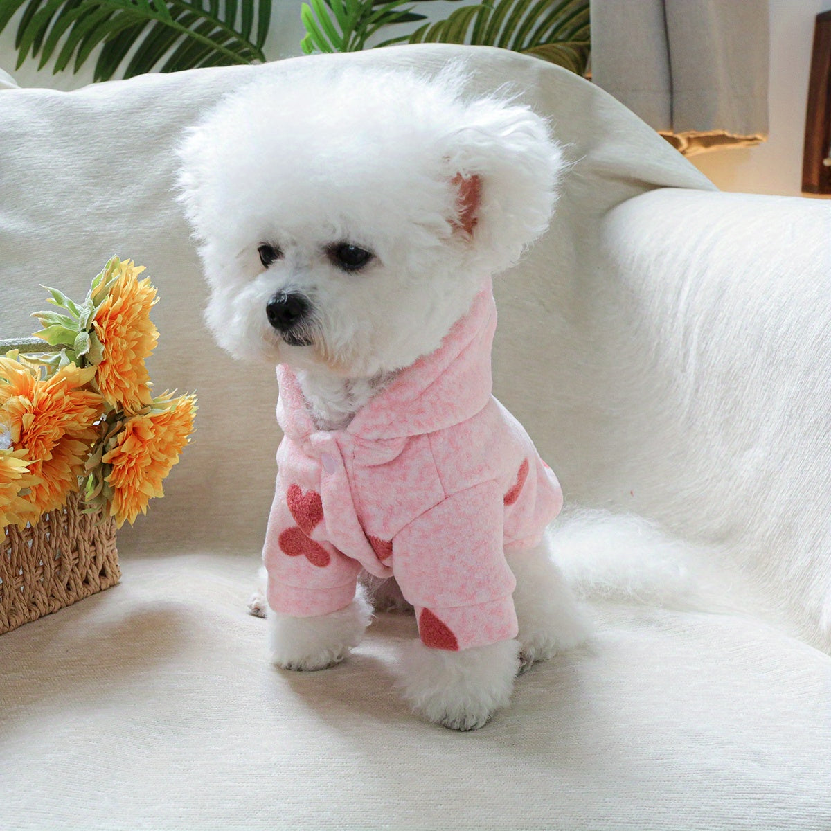 Sweat à capuche épais et confortable pour chiens, rose avec petits cœurs rouges