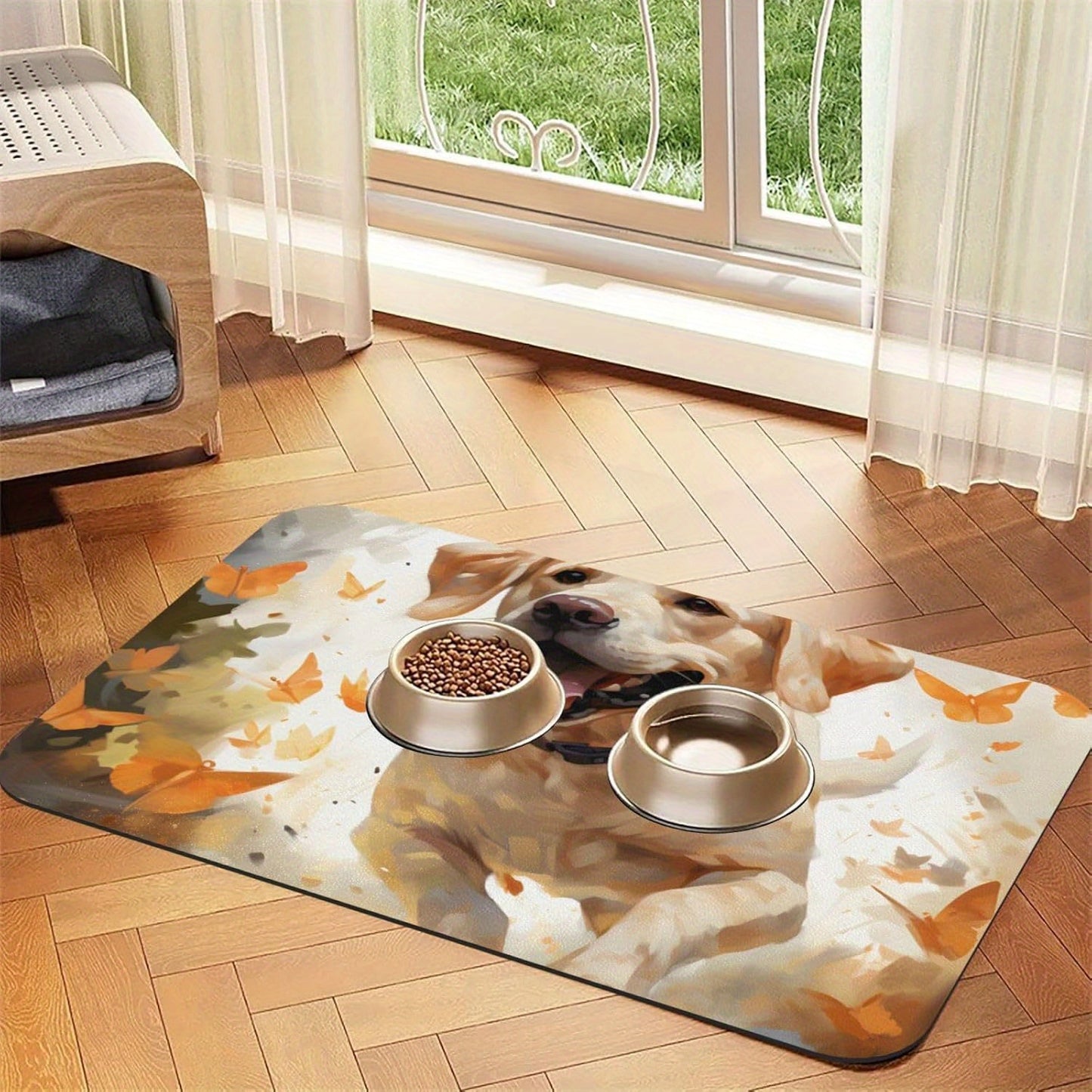 Tapis d'alimentation anti-dérapant à séchage rapide, motif géométrique d'empreintes de pattes pour chiens, pour gamelles d'eau et de nourriture, facile à nettoyer