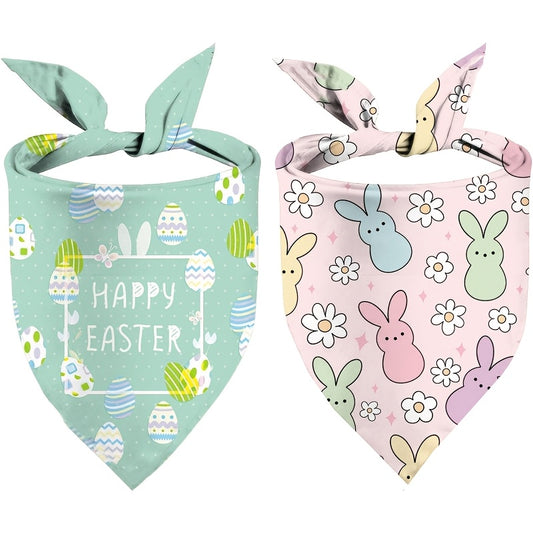 Ensemble de 2 bandanas de Pâques pour chiens, ajustables à double épaisseur, bleu avec œufs de Pâques et rose avec lapins