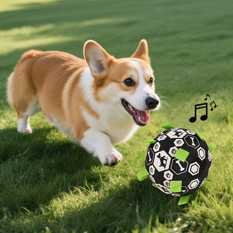 Jouet d'extérieur pour chien, en forme de ballon avec des petites cordes tout autour, musical lorsqu'on le secoue, sans pile
