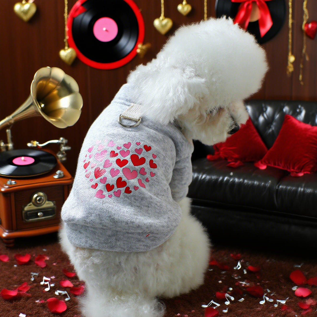 Pull pour chien, gris avec des petits cœurs rouges et roses, anneau intégré pour pouvoir aller en balade