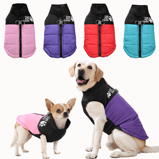 Veste pour chien toutes tailles Manteau d'hiver chaud avec fermeture éclair sur toute la longueur et col imprimé pattes - Turquoise et noir Manteau léger pour chiens de petite, moyenne et grande taille - Pull facile à enfiler et à retirer