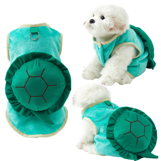 Costume pour chien en forme de tortue, attache dorsale pour pouvoir y attacher une laisse. Pull en polar bien chaud, vert